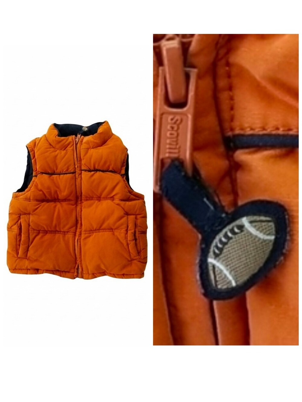Baby Boy Football Shaped Zipper Tab Orange Puffer Vest 12 to 24 Months Mos. 12M